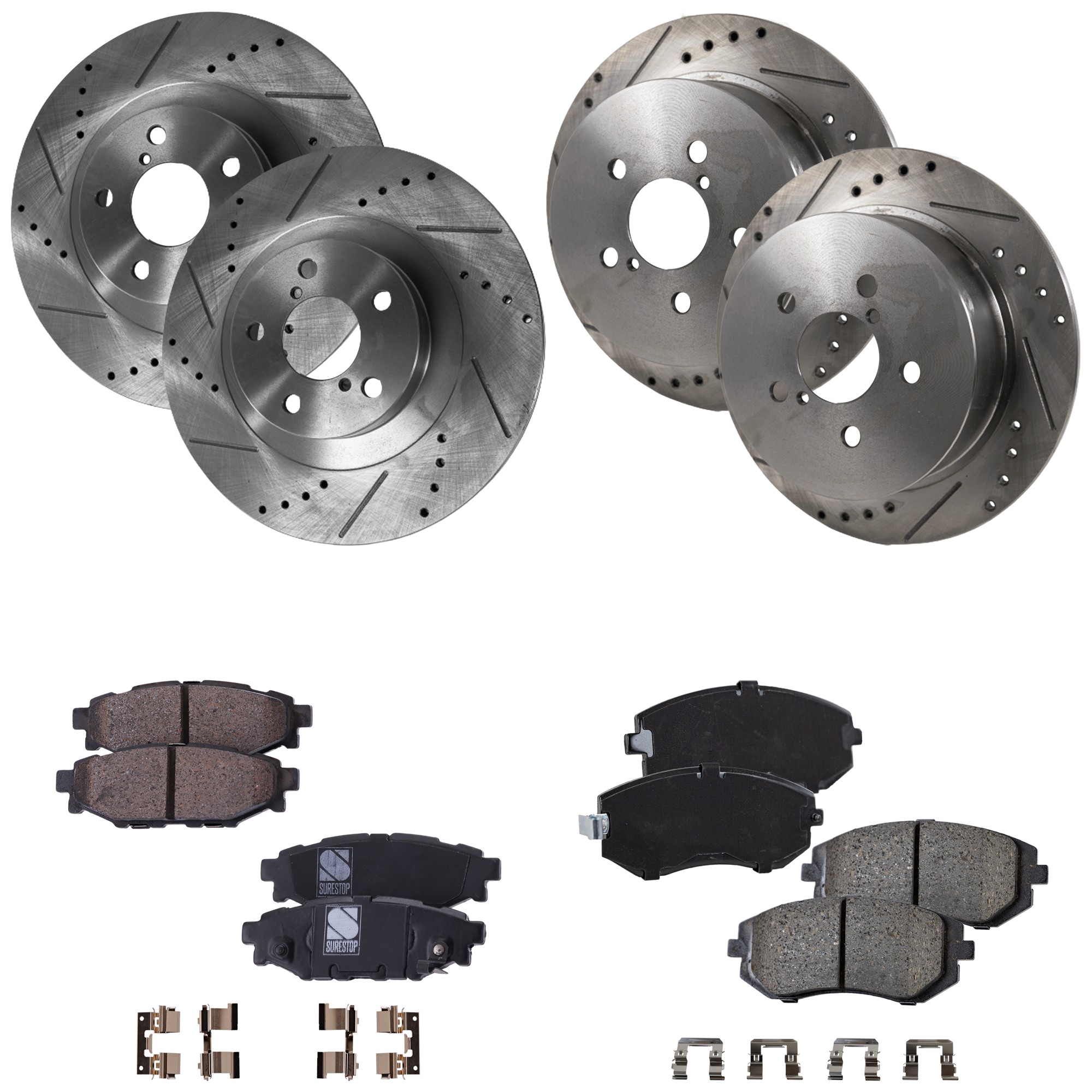 4-Wheel Set Front and Rear Brake Disc and Pad Kit, Cross-drilled and Slotted Front-293.4 mm/Rear-273.81 mm, Includes (4) Brake Disc and (2) Brake Pad Set