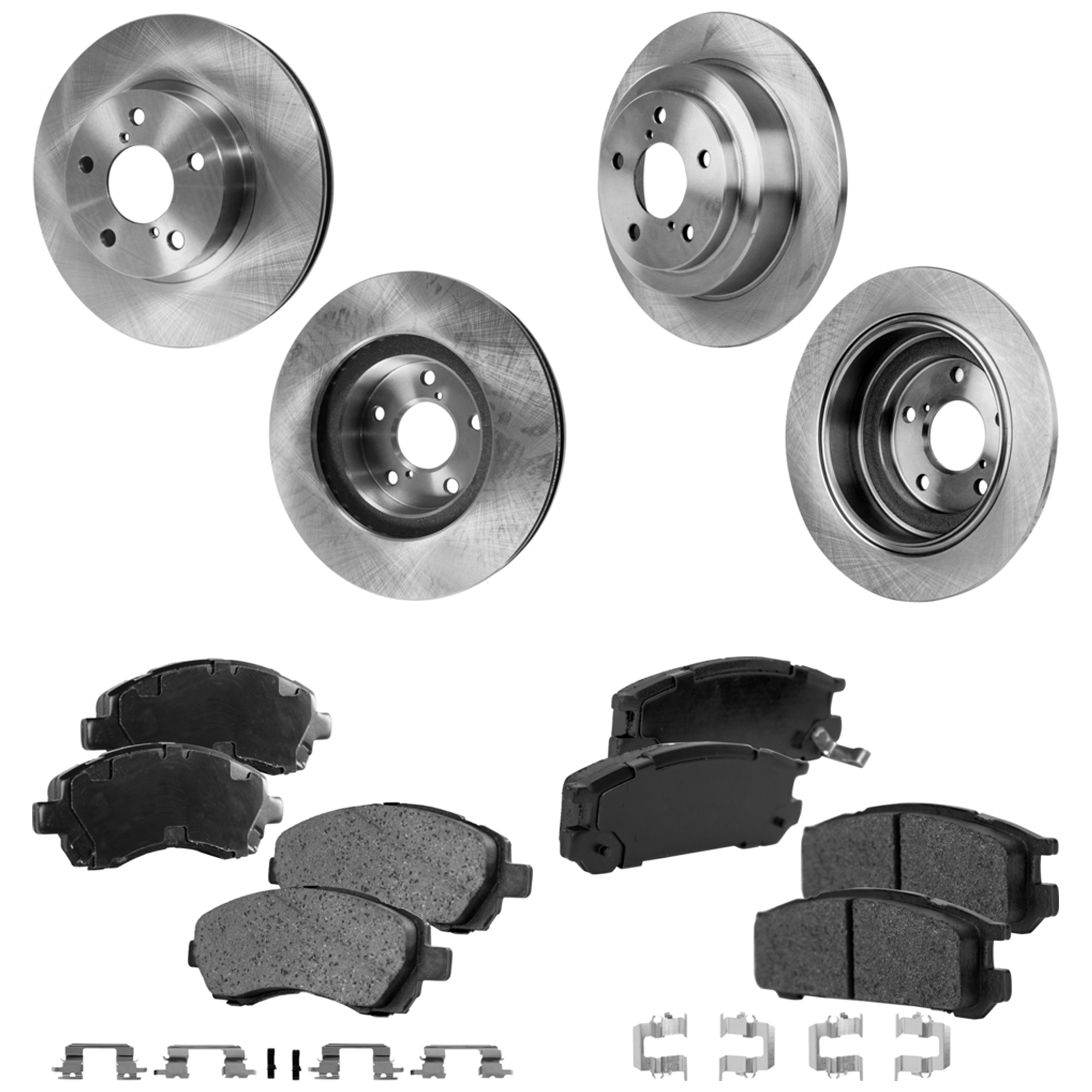 4-Wheel Set Front and Rear Brake Disc and Pad Kit, Plain Surface 5 Lugs Front-260.1 mm/Rear-265.43 mm Front-Ceramic/Rear-Semi-Metallic Pro-Line Series, Includes (4) Brake Disc...