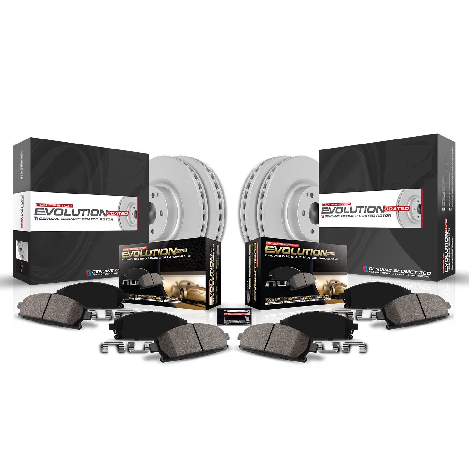 4-Wheel Set Power Stop® CRK2377 Front and Rear Genuine Geomet® Coated Rotor and Low-Dust Ceramic Brake Pad Kit