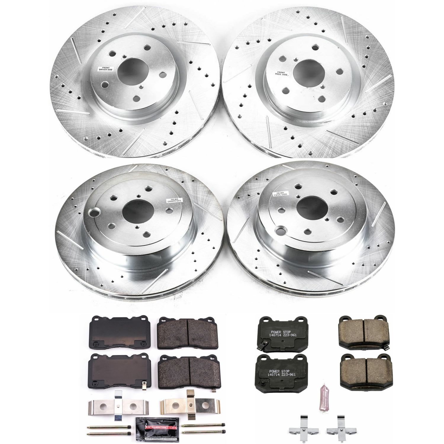 4-Wheel Set Power Stop® K4490 Front and Rear Z23 Daily Carbon-Fiber Ceramic Brake Pad and Drilled & Slotted Rotor Kit