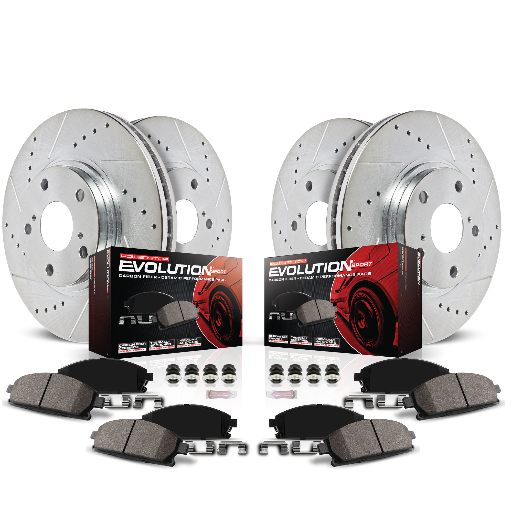 4-Wheel Set Power Stop® K6762 Front and Rear Z23 Daily Carbon-Fiber Ceramic Brake Pad and Drilled & Slotted Rotor Kit