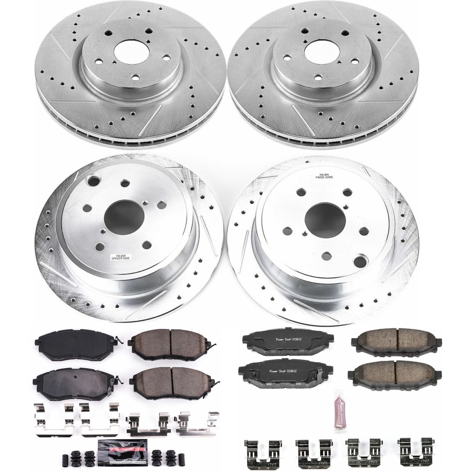 4-Wheel Set Power Stop® K6932 Front and Rear Z23 Daily Carbon-Fiber Ceramic Brake Pad and Drilled & Slotted Rotor Kit