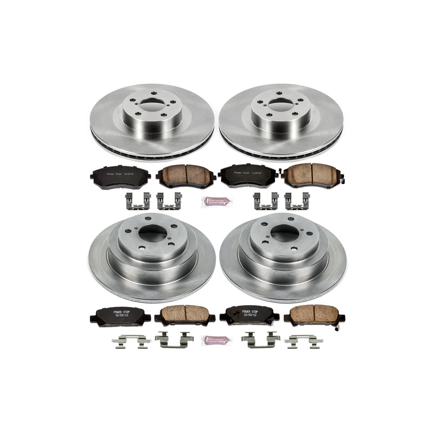 4-Wheel Set Power Stop® KOE2377 Front and Rear OE Stock Replacement Low-Dust Ceramic Brake Pad and Rotor Kit