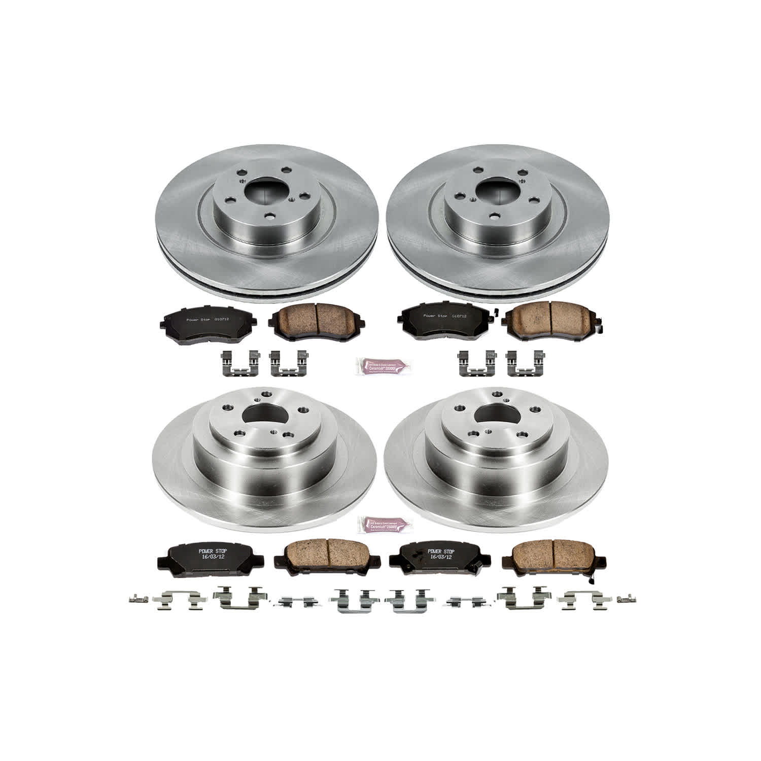 4-Wheel Set Power Stop® KOE2748 Front and Rear OE Stock Replacement Low-Dust Ceramic Brake Pad and Rotor Kit