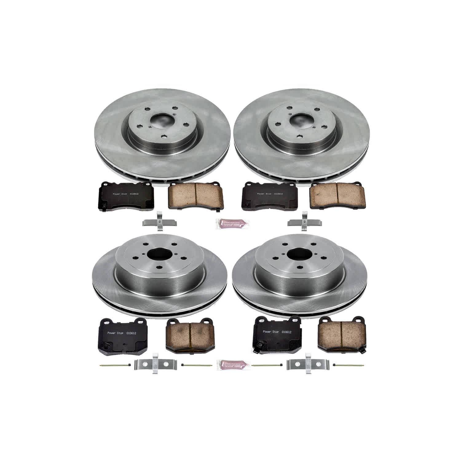 4-Wheel Set Power Stop® KOE2896 Front and Rear OE Stock Replacement Low-Dust Ceramic Brake Pad and Rotor Kit