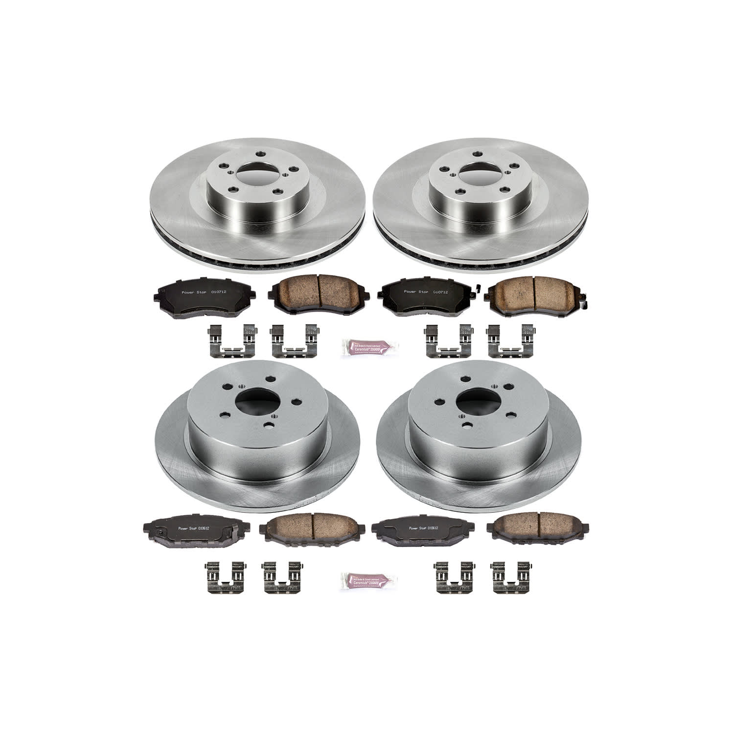 4-Wheel Set Power Stop® KOE4081 Front and Rear OE Stock Replacement Low-Dust Ceramic Brake Pad and Rotor Kit
