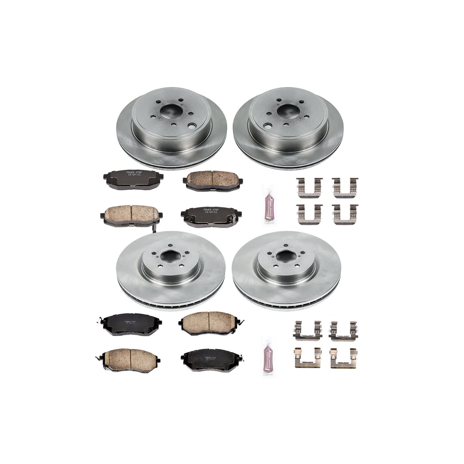 4-Wheel Set Power Stop® KOE5830 Front and Rear OE Stock Replacement Low-Dust Ceramic Brake Pad and Rotor Kit