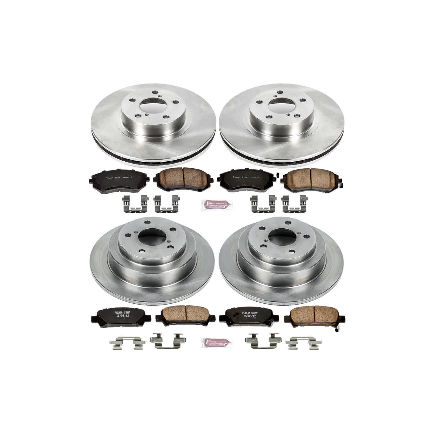 4-Wheel Set Power Stop® KOE6109 Front and Rear OE Stock Replacement Low-Dust Ceramic Brake Pad and Rotor Kit