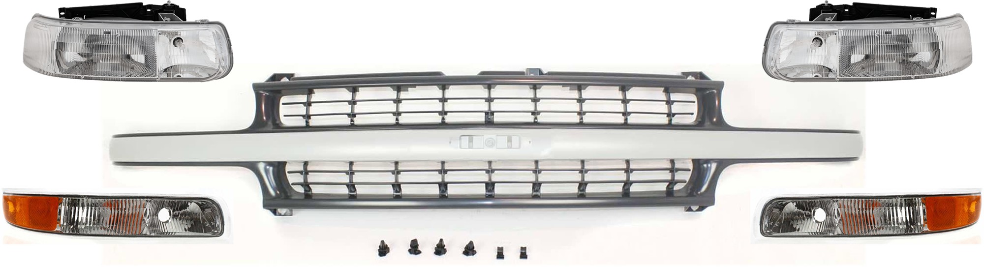 5-Piece Kit Grille Gray, Includes (1) Grille Shell and Insert, (2) Headlight, and (2) Parking Light
