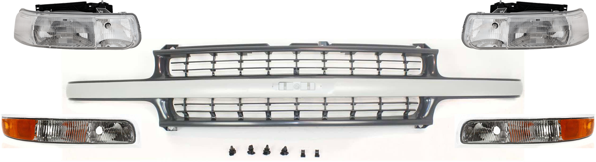 5-Piece Kit Grille Gray, Includes (1) Grille Shell and Insert, (2) Headlight, and (2) Parking Light