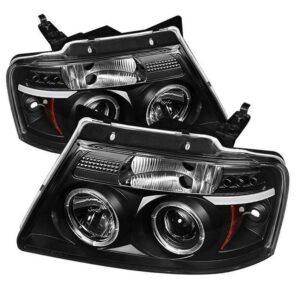 5010209 Driver and Passenger Side Headlight, With bulb(s) - Clear Lens Black Interior, Halogen Projector, 2 LED Halo