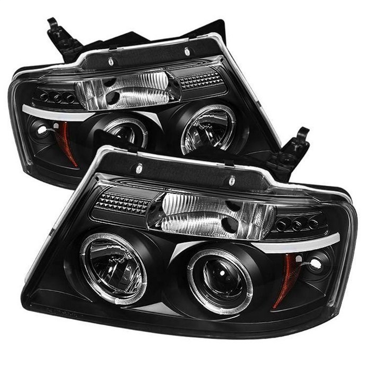 5010209 Driver and Passenger Side Headlight, With bulb(s) - Clear Lens Black Interior, Halogen Projector, 2 LED Halo