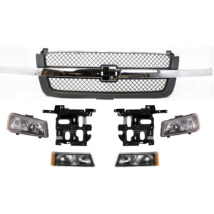 7-Piece Kit, Grille Painted Gray, Includes (1) Grille Shell and Insert, (2) Headlight, (2) Headlight Bracket, and (2) Turn Signal Light