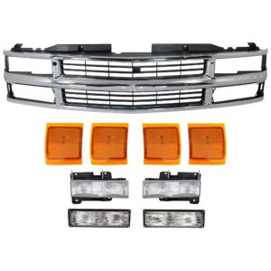 9-Piece Kit Grille Chrome Shell with Painted Black Insert, Includes (1) Grille Shell and Insert, (2) Headlight, (4) Side Marker, and (2) Turn Signal Light