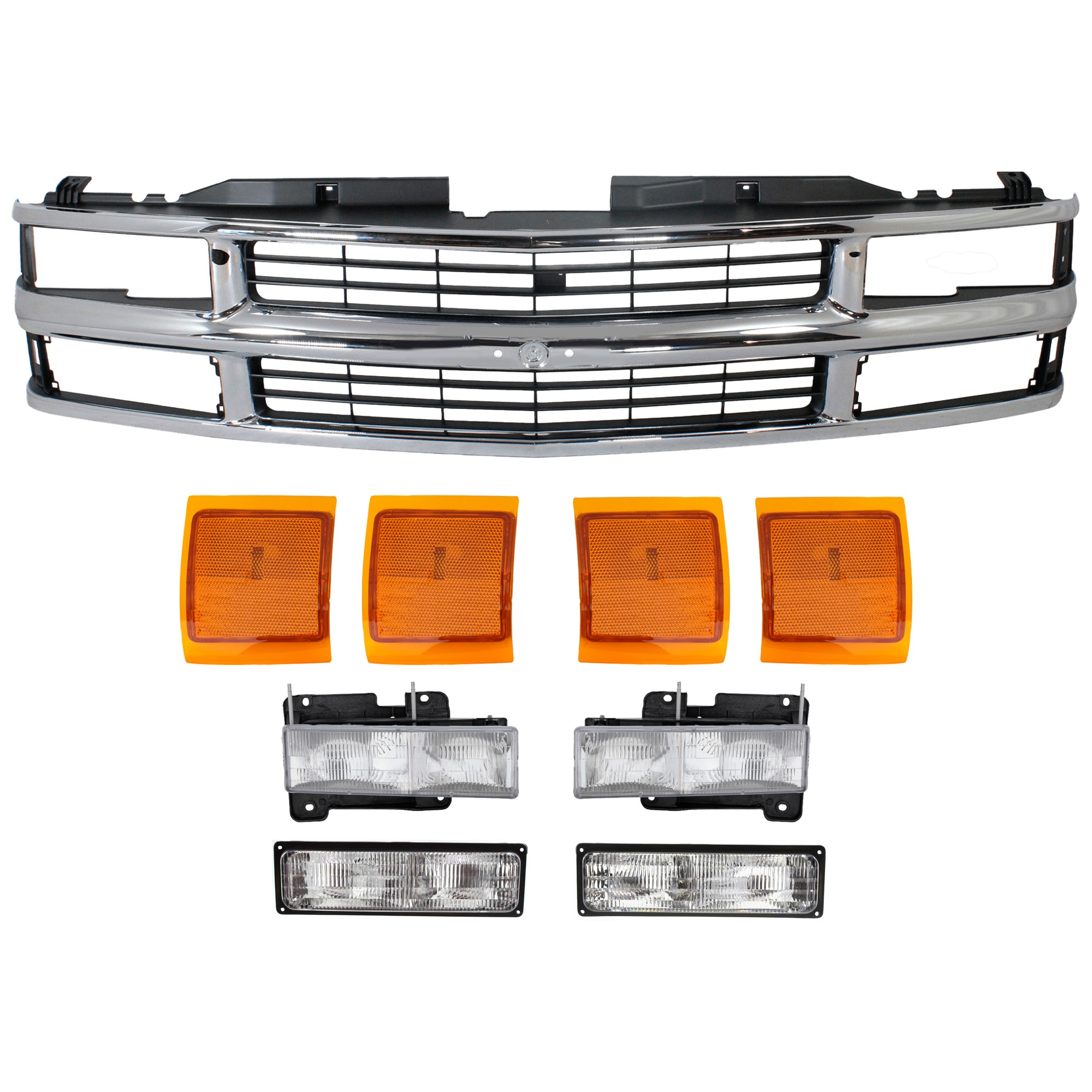 9-Piece Kit Grille Chrome Shell with Painted Black Insert, Includes (1) Grille Shell and Insert, (2) Headlight, (4) Side Marker, and (2) Turn Signal Light