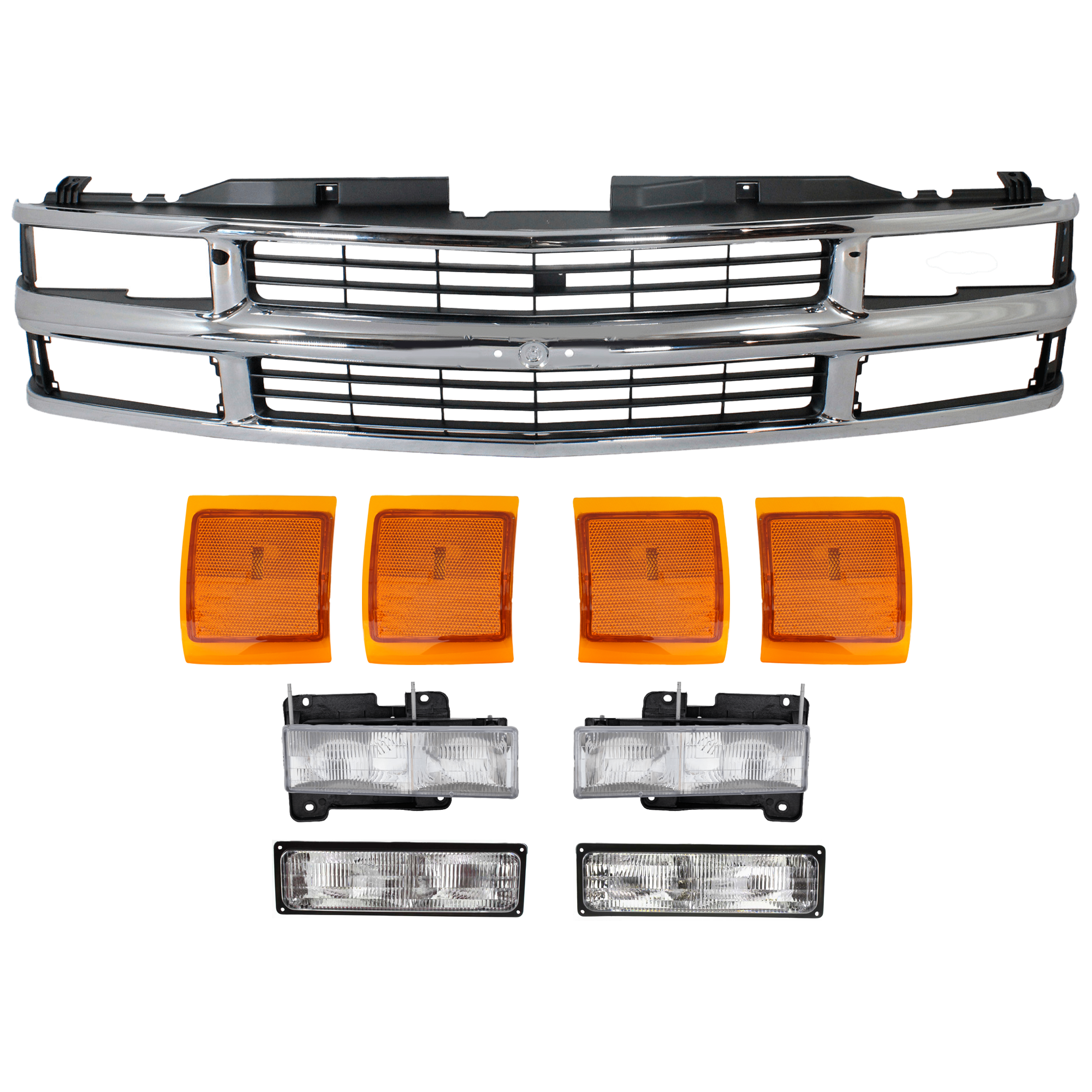 9-Piece Kit Grille Chrome Shell with Painted Black Insert, Includes (1) Grille Shell and Insert, (2) Headlight, (4) Side Marker, and (2) Turn Signal Light
