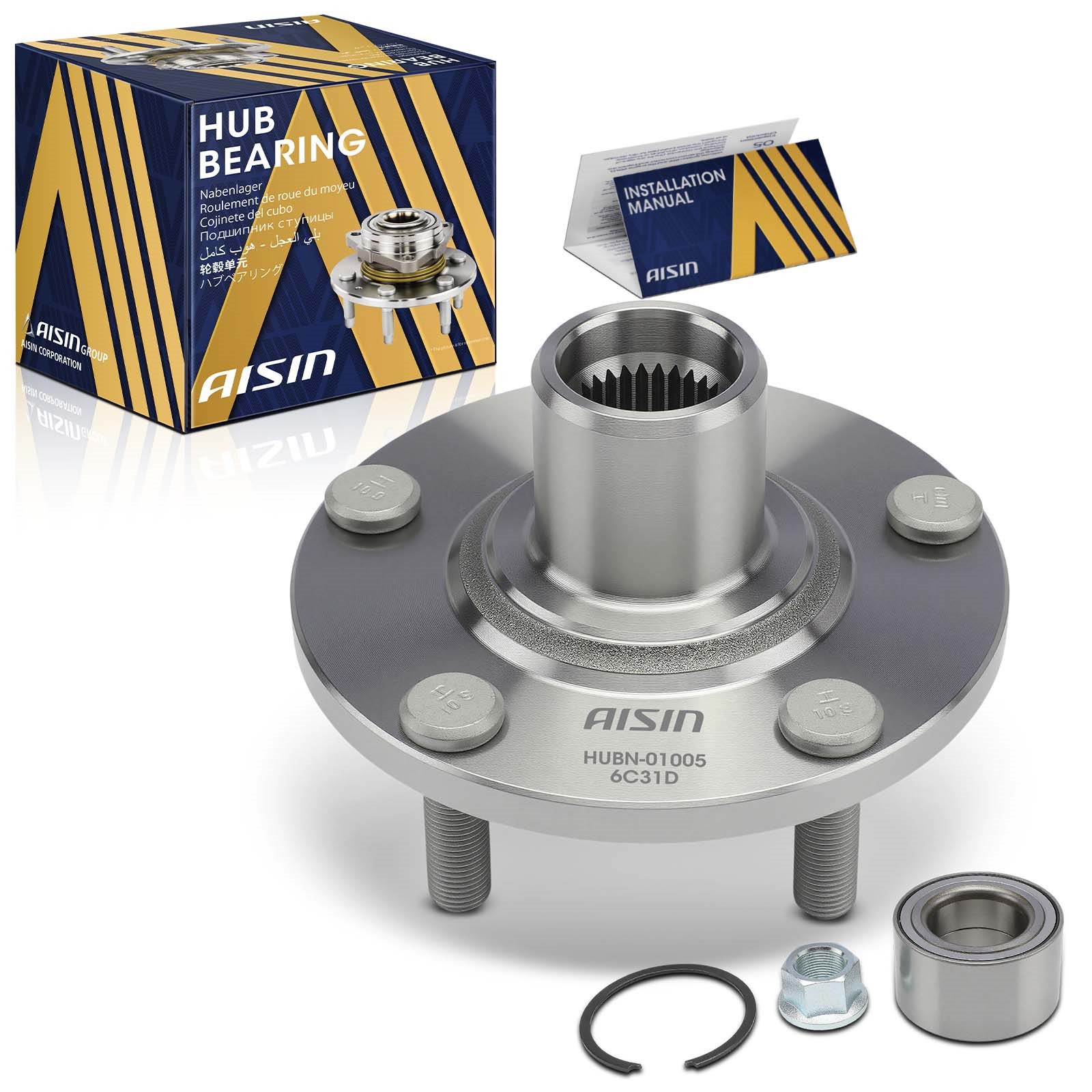 HUBN-01005 Front, Driver or Passenger Side Wheel Hub, 5 Lugs, Sedan, FWD