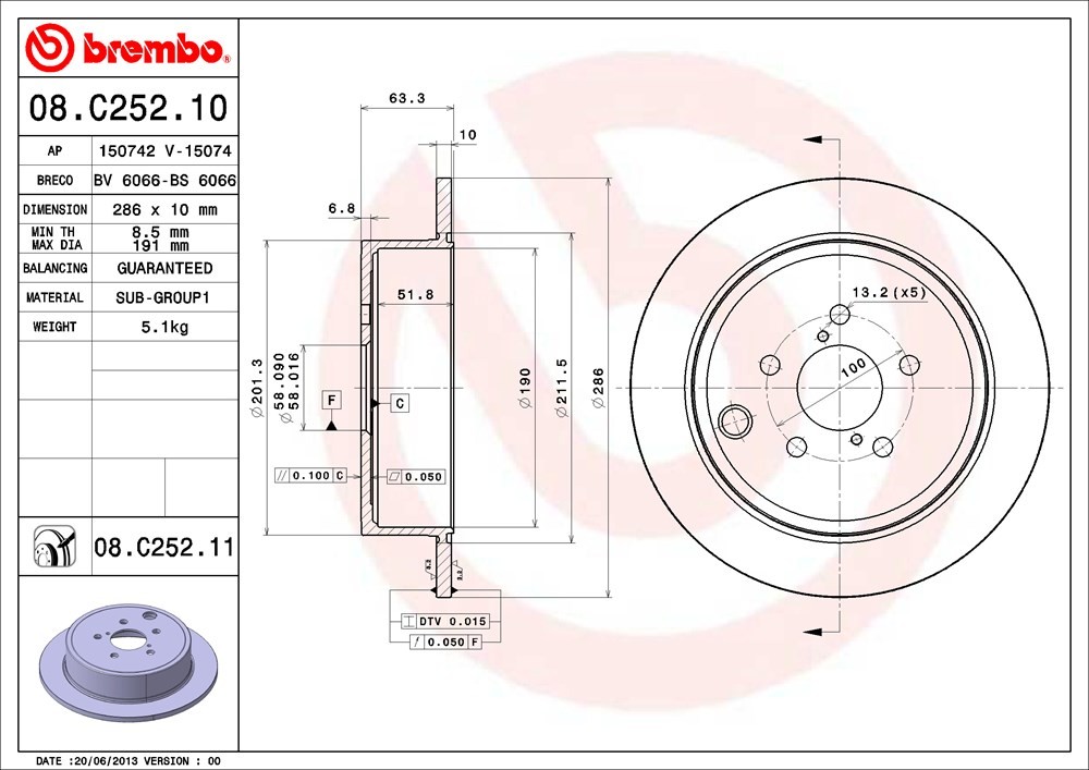 08.C252.11 Rear, Driver or Passenger Side Brake Disc, Coated, Plain Surface, Solid, 5 Lugs, 286 mm, PRIME UV Coated Series - Image 2