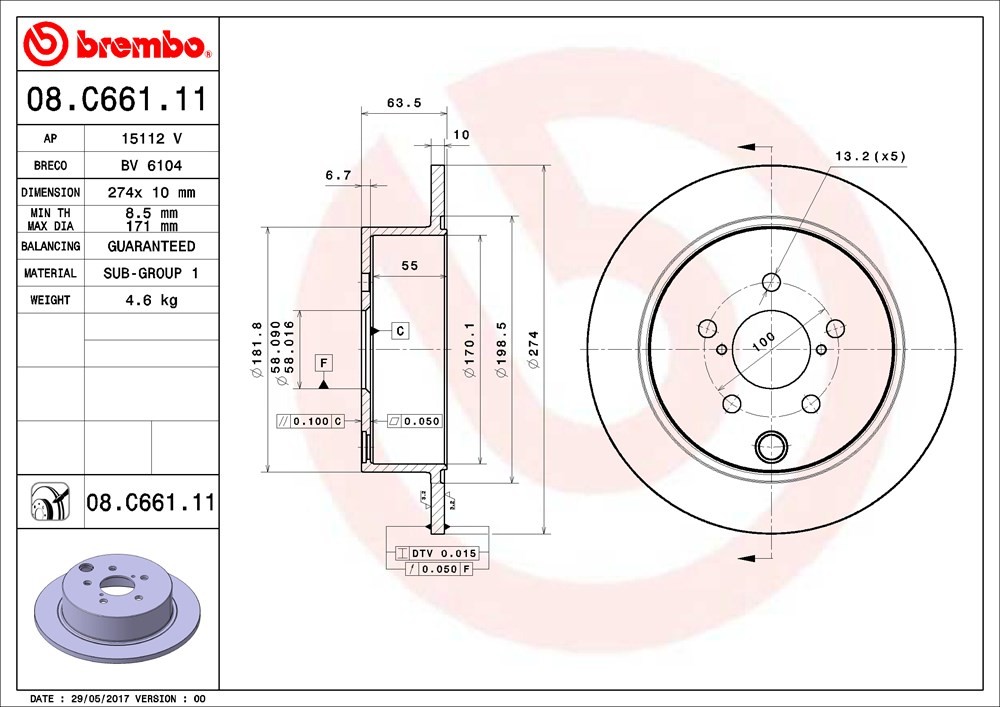 08.C661.11 Rear, Driver or Passenger Side Brake Disc, Coated, Plain Surface, Solid, 5 Lugs, 274 mm, PRIME UV Coated Series - Image 2