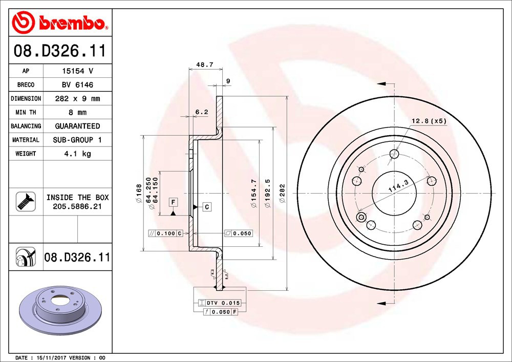 08.D326.11 Rear, Driver or Passenger Side Brake Disc, Coated, Plain Surface, Solid, 5 Lugs, 282 mm, PRIME UV Coated Series