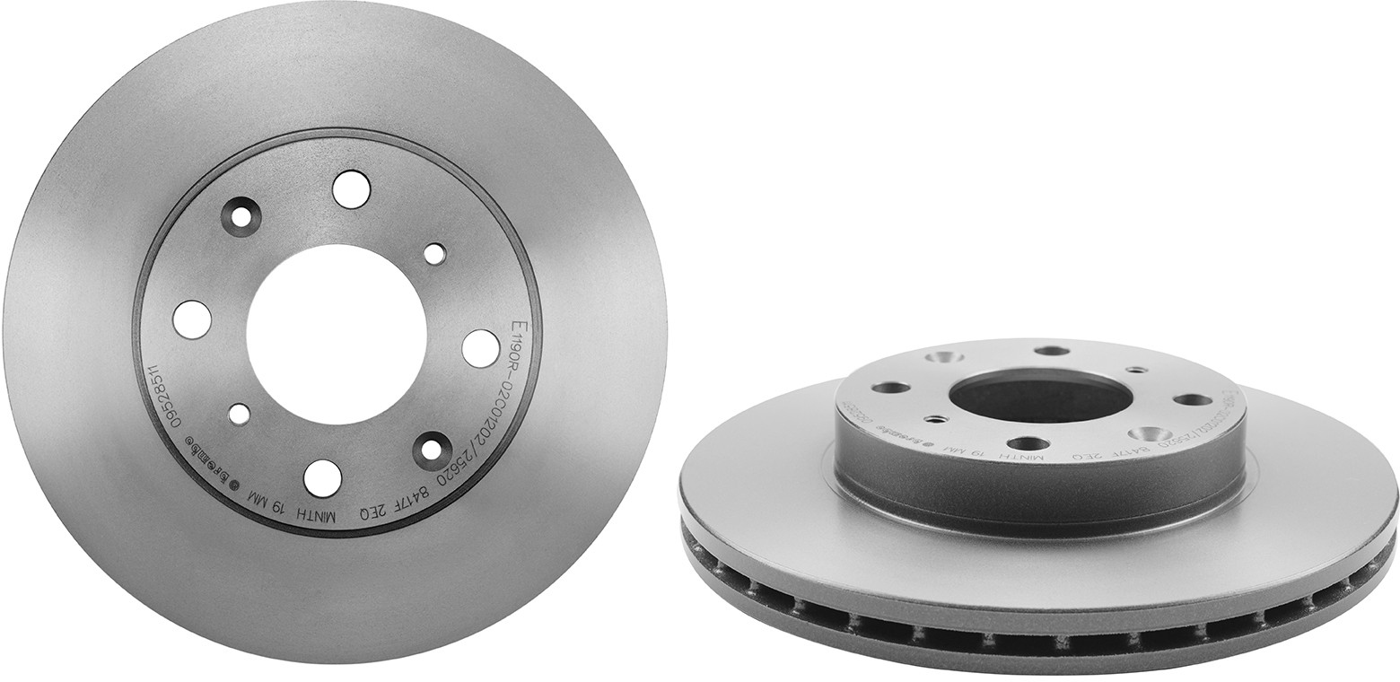 09.5285.11 Front, Driver or Passenger Side Brake Disc, Coated, Plain Surface, Vented, 4 Lugs, 240 mm, PRIME Series