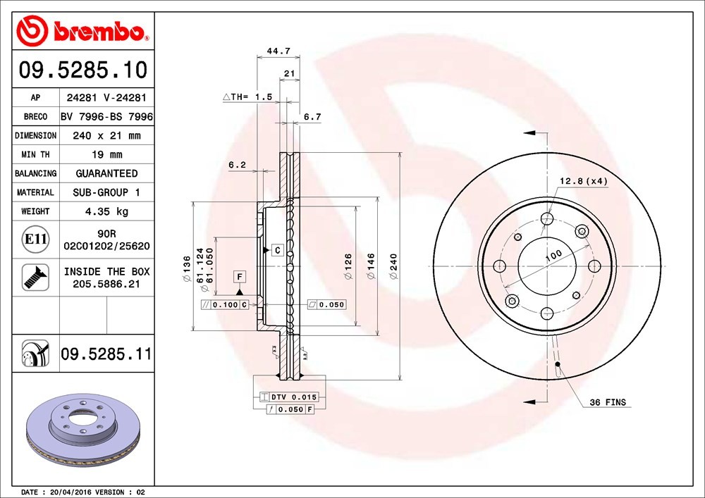 09.5285.11 Front, Driver or Passenger Side Brake Disc, Coated, Plain Surface, Vented, 4 Lugs, 240 mm, PRIME Series - Image 2