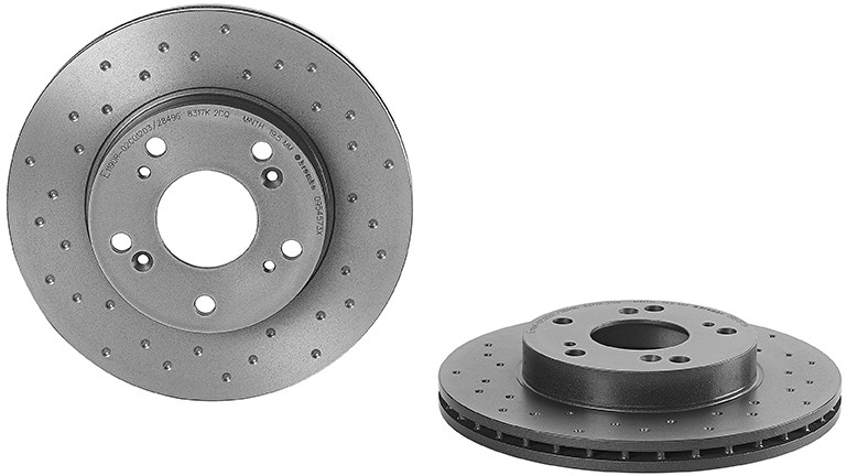 09.5457.3X Front, Driver or Passenger Side Brake Disc, Coated, Cross-Drilled, Vented, 5 Lugs, 262 mm, Xtra Series