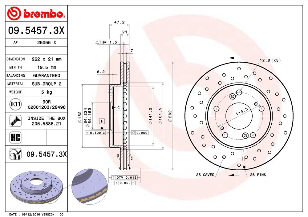 09.5457.3X Front, Driver or Passenger Side Brake Disc, Coated, Cross-Drilled, Vented, 5 Lugs, 262 mm, Xtra Series - Image 2