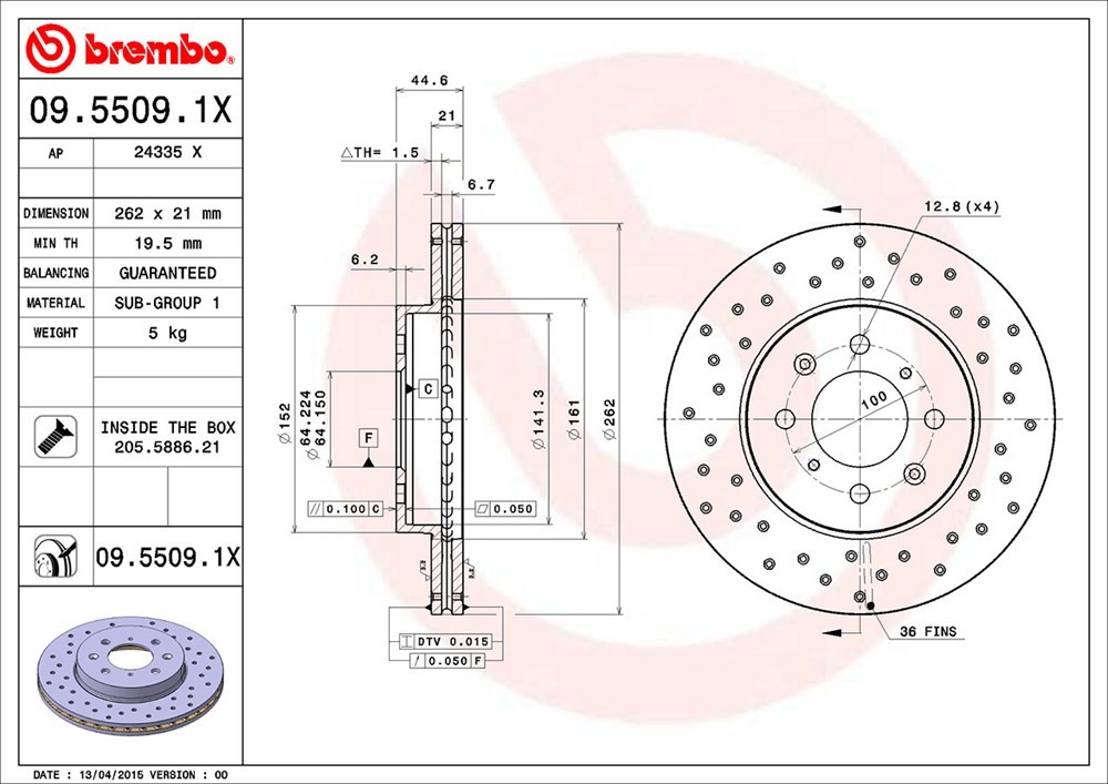 09.5509.1X Front, Driver or Passenger Side Brake Disc, Coated, Cross-Drilled, Vented, 4 Lugs, 262 mm, Xtra Series - Image 2