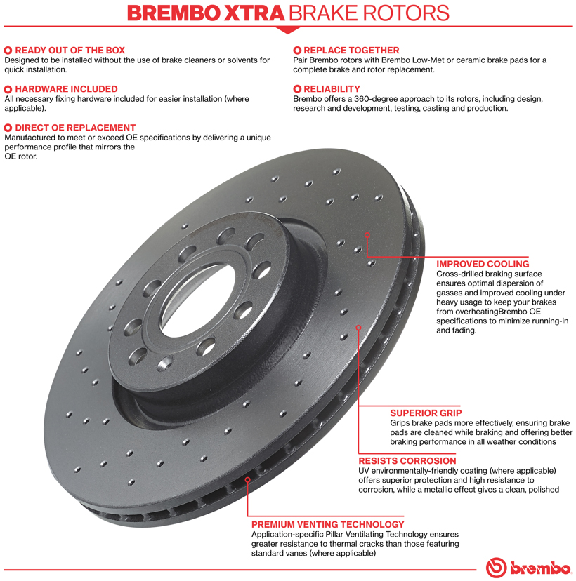 09.5509.1X Front, Driver or Passenger Side Brake Disc, Coated, Cross-Drilled, Vented, 4 Lugs, 262 mm, Xtra Series - Image 3