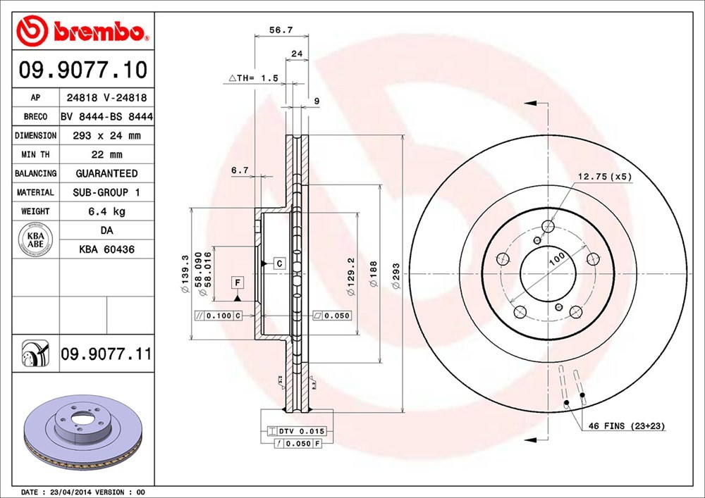 09.9077.11 Front, Driver or Passenger Side Brake Disc, Coated, Plain Surface, Vented, 5 Lugs, 293 mm, PRIME Series - Image 2