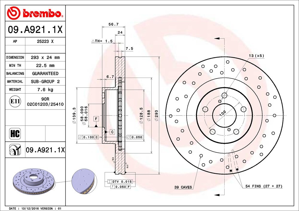 09.A921.1X Front, Driver or Passenger Side Brake Disc, Coated, Cross-Drilled, Vented, 5 Lugs, 293 mm, Xtra Series - Image 2