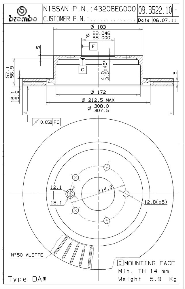 09.B522.11 Rear, Driver or Passenger Side Brake Disc, Coated, Plain Surface, Vented, 5 Lugs, 308 mm, PRIME Series - Image 2