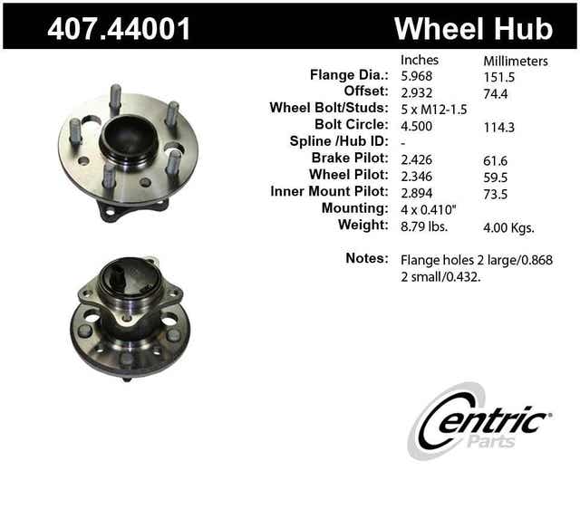 Centric Parts Rear Right Wheel Bearing and Hub Assembly | 407.44001