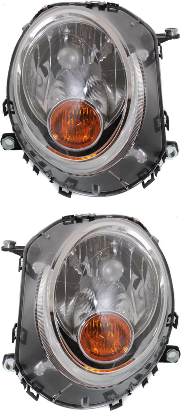 Driver and Passenger Side Headlights, with Amber Turn Indicator, For Model Code R55, R56, R57,R58 and R59, withBulbs, Halogen, Convertible/Hatchback