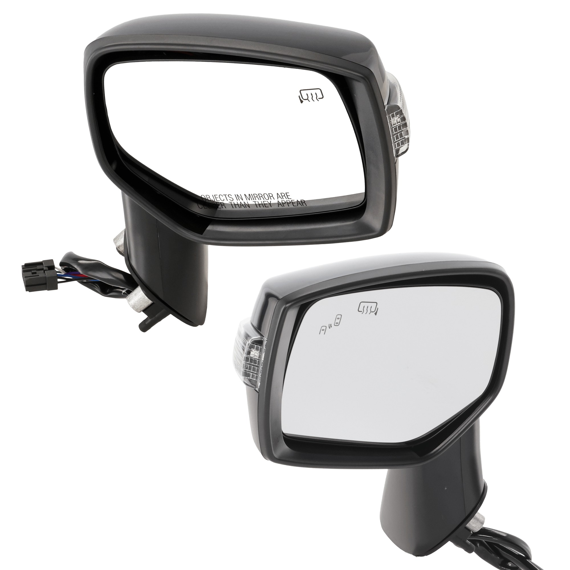 Driver and Passenger Side Mirror, Power Adjust, Heated, Manual Folding, Paintable, In-housing Signal Light, No Memory, No Puddle Light, No Auto-Dim
