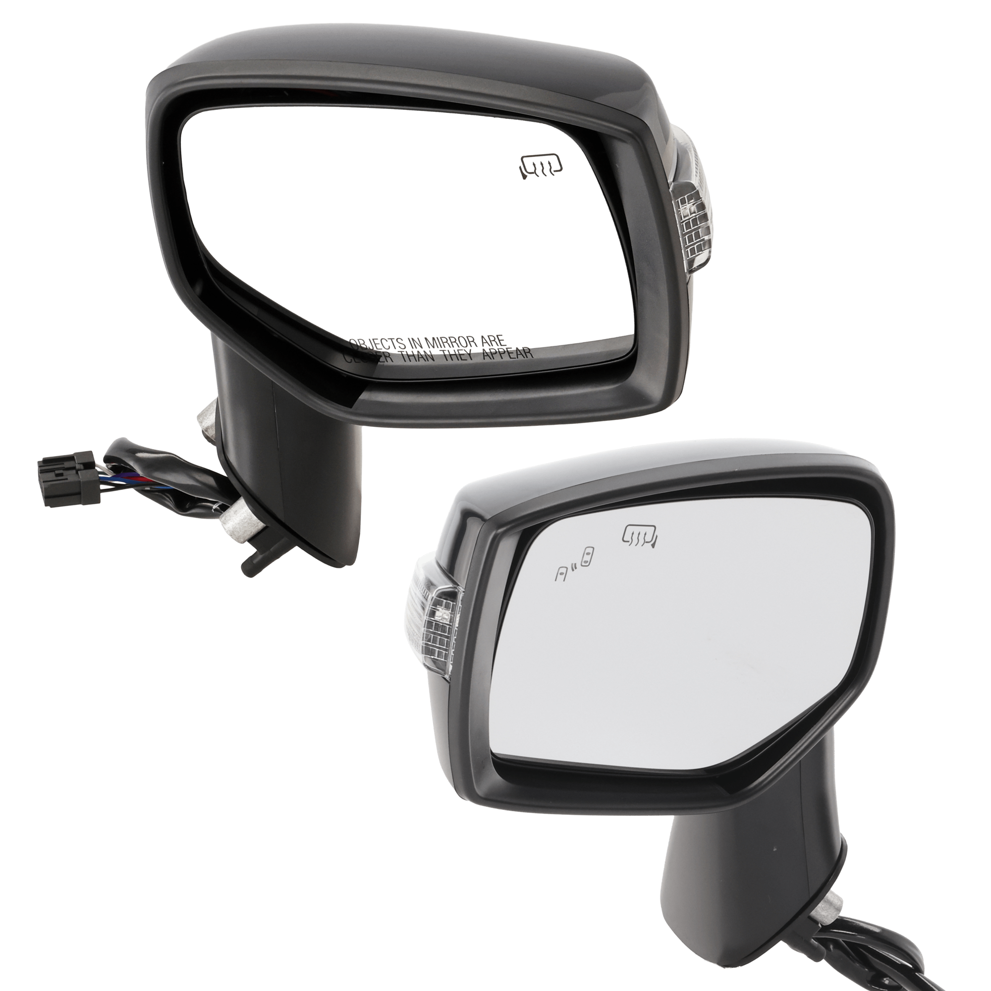Driver and Passenger Side Mirror, Power Adjust, Heated, Manual Folding, Paintable, In-housing Signal Light, No Memory, No Puddle Light, No Auto-Dim