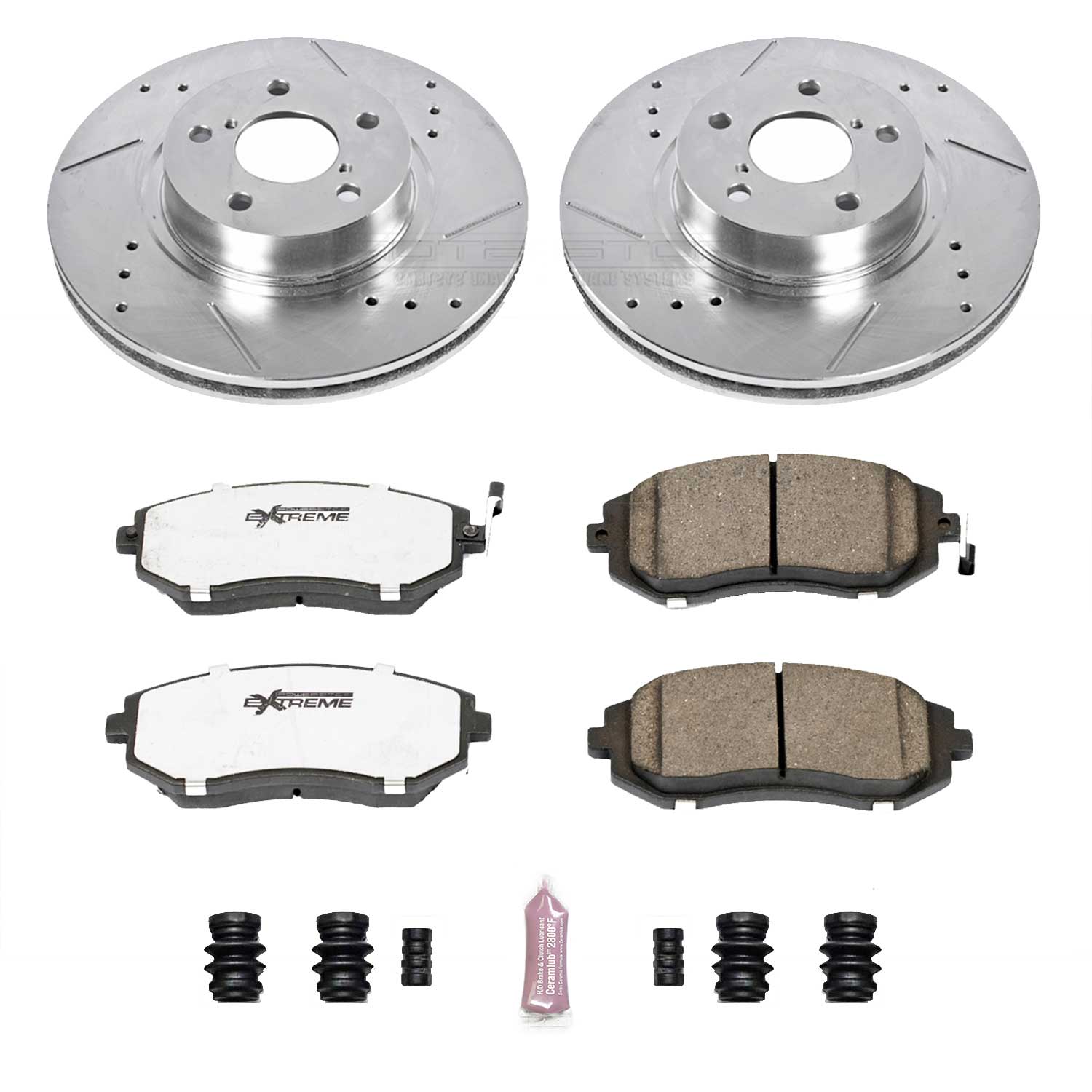 K1124-26 Front Brake Disc and Pad Kit, Silver zinc-plated, Cross-drilled and Slotted, 5 Lugs, 277 mm, Carbon Fiber Ceramic, Z26 Street Warrior Carbon-Fiber Ceramic Series