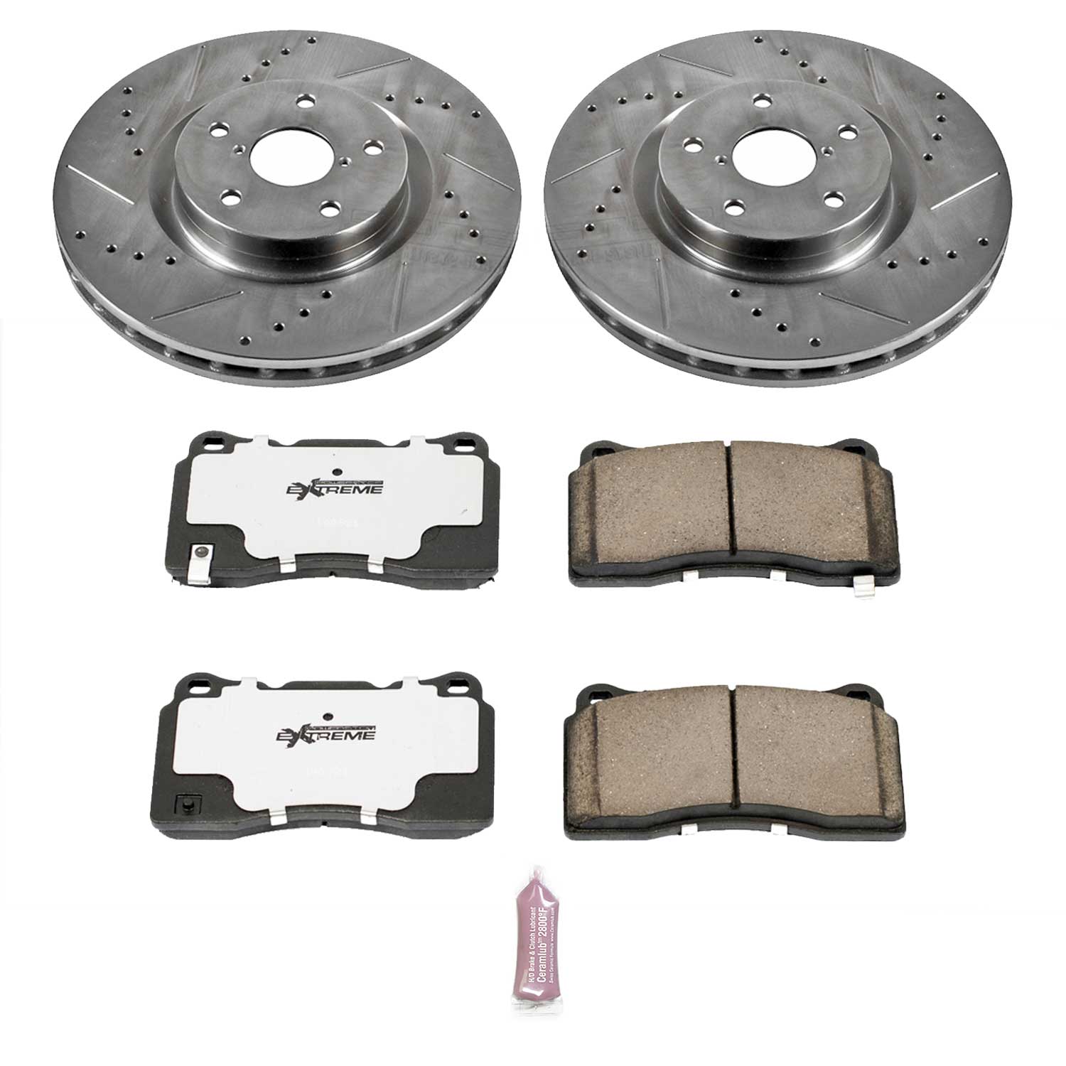 K131-26 Front Brake Disc and Pad Kit, Silver zinc-plated, Cross-drilled and Slotted, 5 Lugs, 326 mm, Carbon Fiber Ceramic, Z26 Street Warrior Carbon-Fiber Ceramic Series