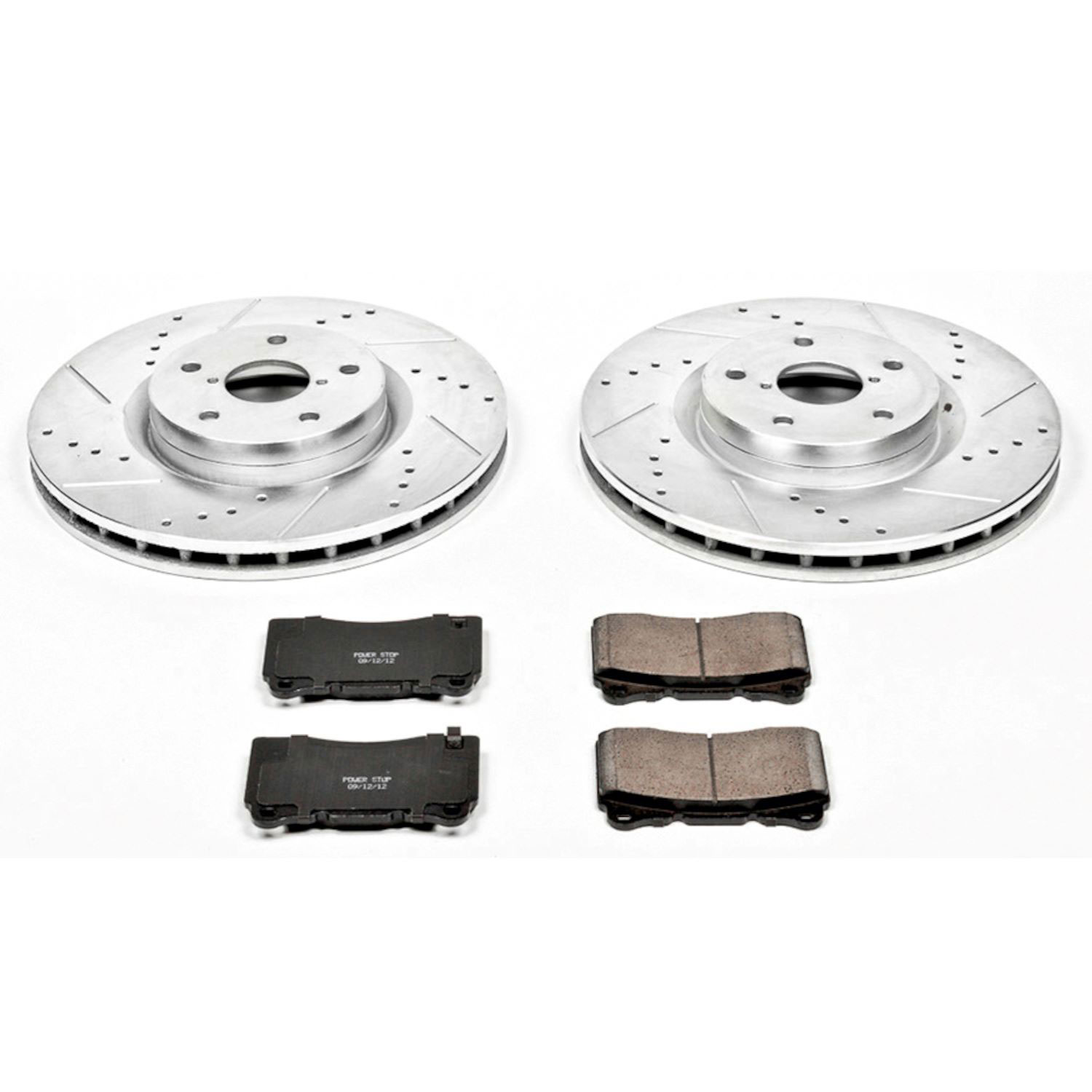K131 Front Brake Disc and Pad Kit, Silver zinc-plated, Cross-drilled and Slotted, 5 Lugs, 326 mm, Carbon Fiber Ceramic, Z23 Evolution Sport Series