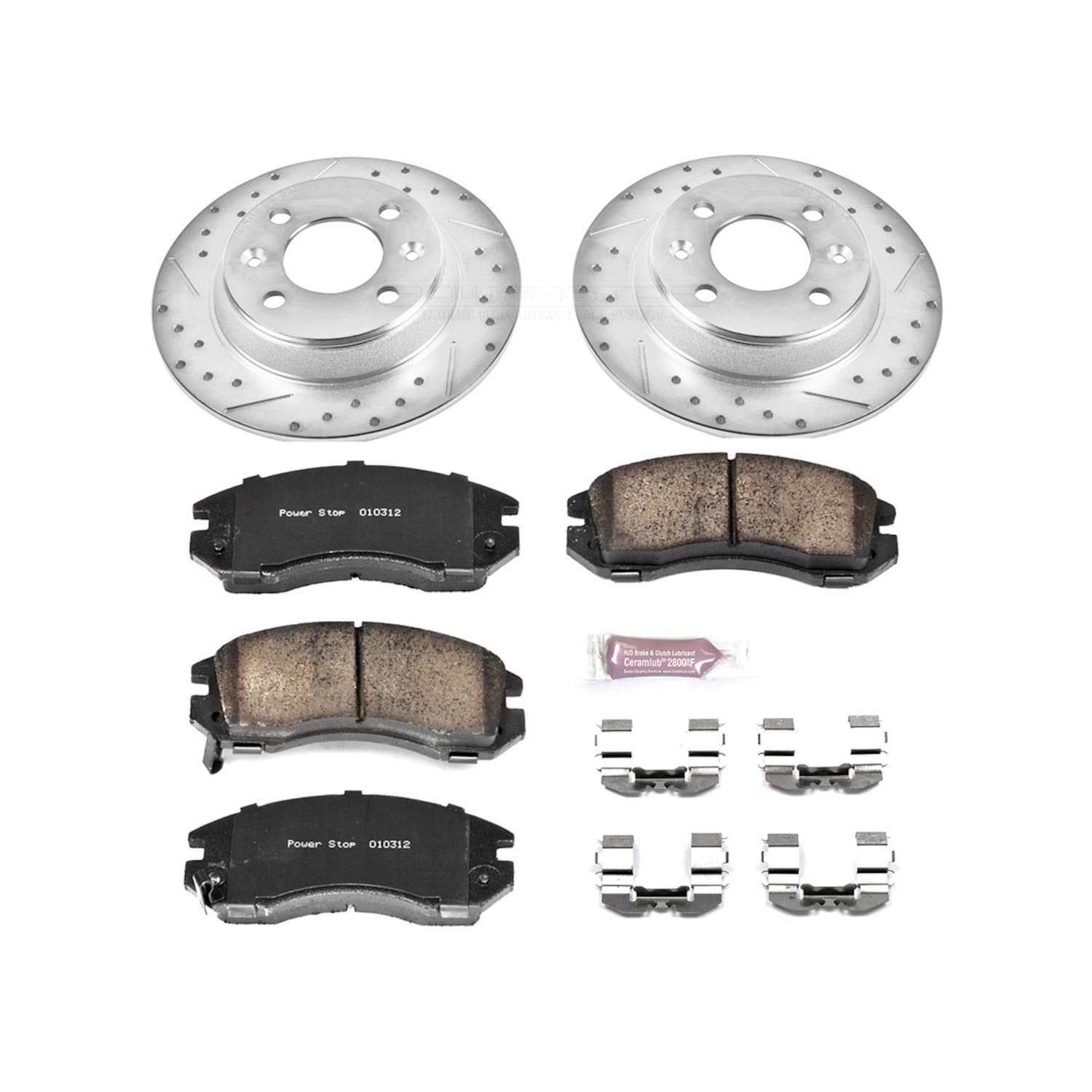 K443 Front Brake Disc and Pad Kit, Silver zinc-plated, Cross-drilled and Slotted, 5 Lugs, 260 mm, Carbon Fiber Ceramic, Z23 Evolution Sport Series