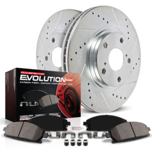 K443 Front Brake Disc and Pad Kit, Silver zinc-plated, Cross-drilled and Slotted, 5 Lugs, 260 mm, Carbon Fiber Ceramic, Z23 Evolution Sport Series