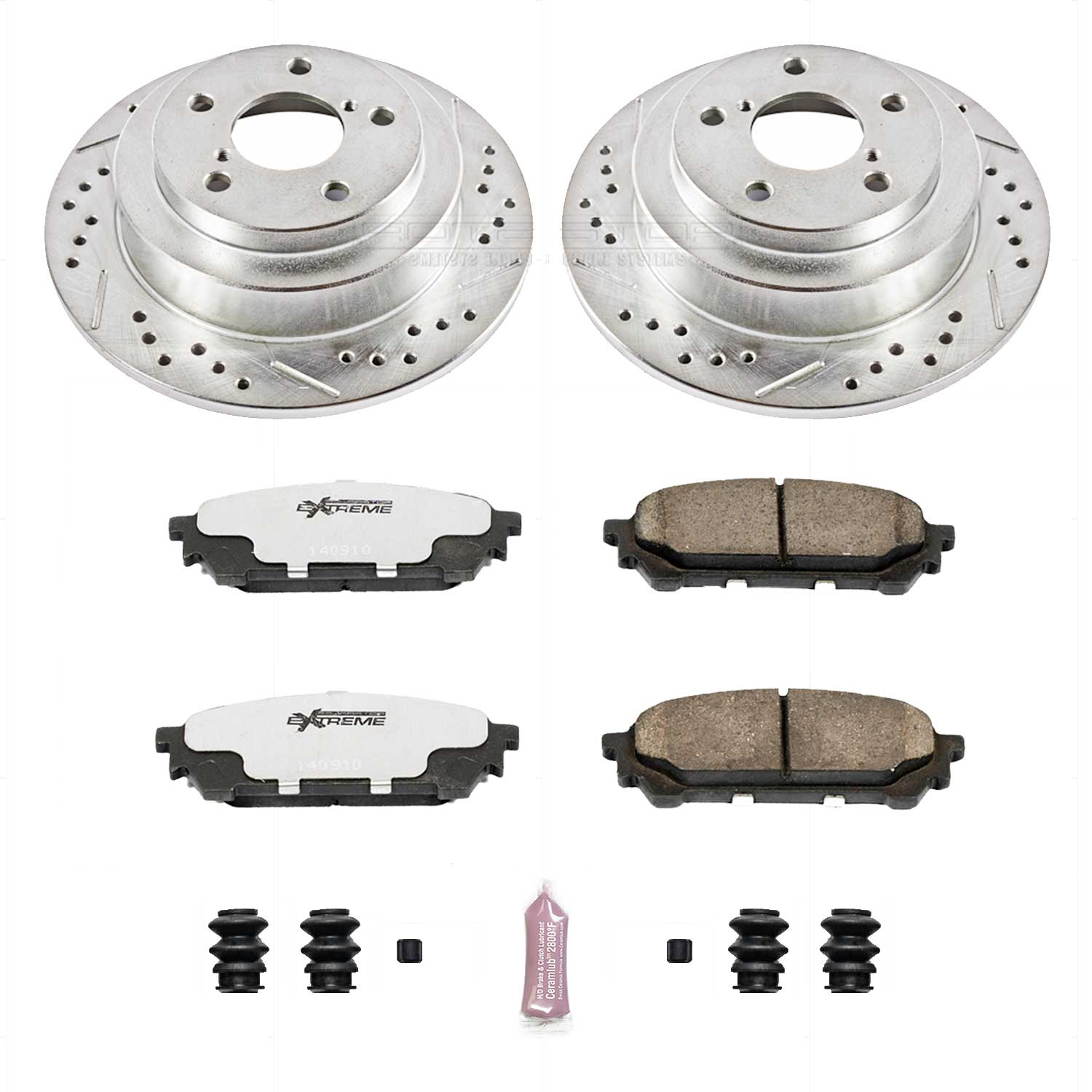 K447-26 Rear Brake Disc and Pad Kit, Silver zinc-plated, Cross-drilled and Slotted, 5 Lugs, 266 mm, Carbon Fiber Ceramic, Z26 Street Warrior Carbon-Fiber Ceramic Series