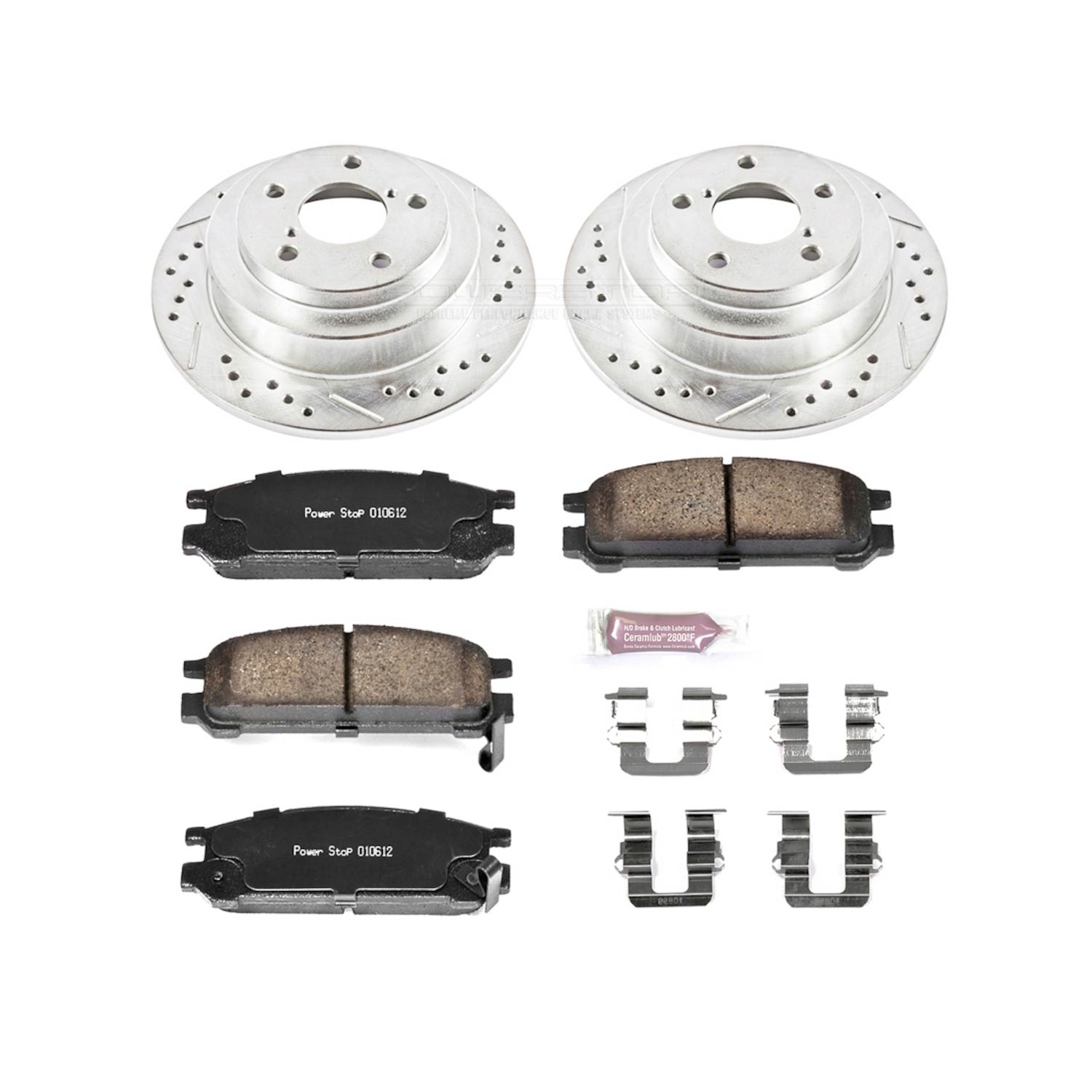 K448 Rear Brake Disc and Pad Kit, Silver zinc-plated, Cross-drilled and Slotted, 5 Lugs, 266 mm, Carbon Fiber Ceramic, Z23 Evolution Sport Series