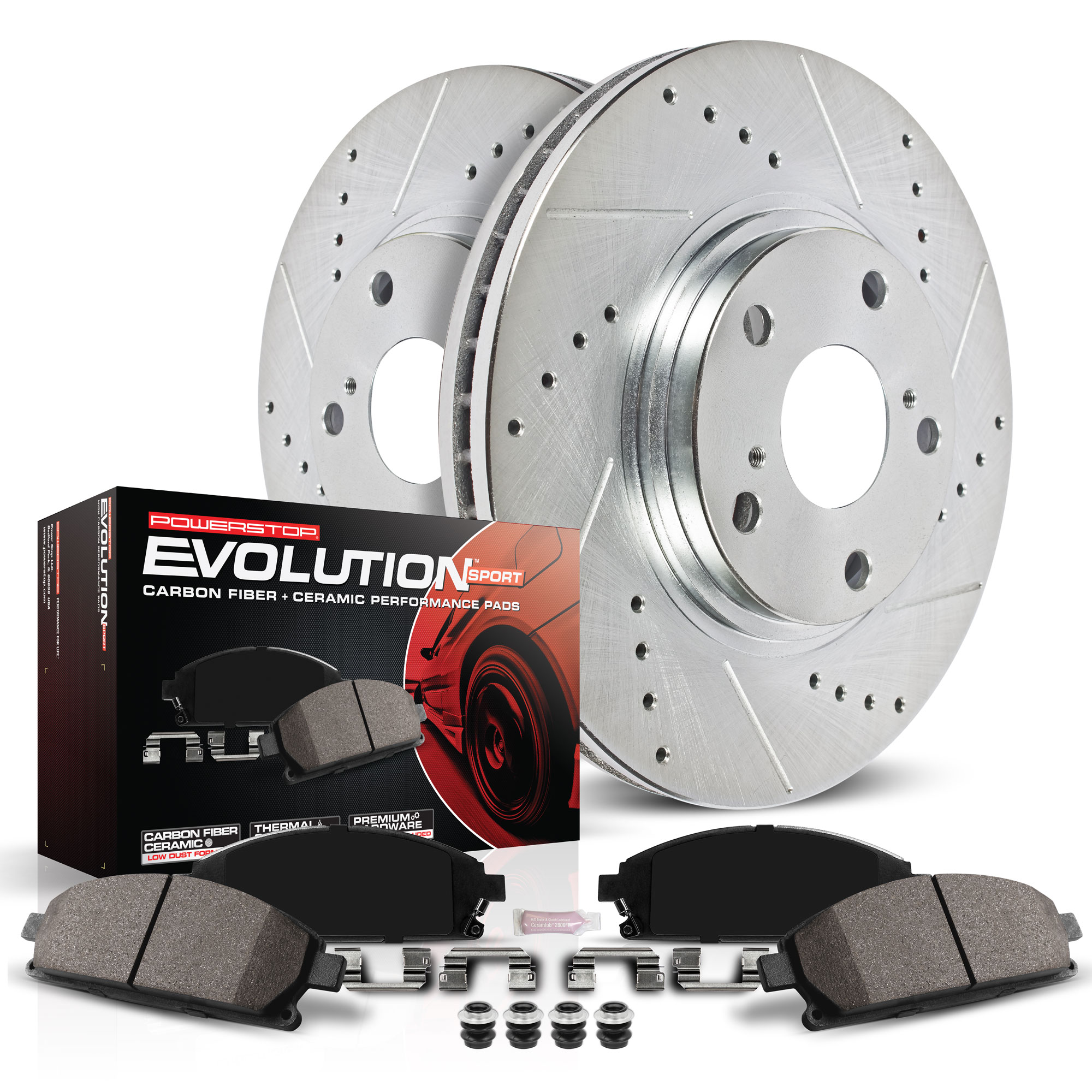 K448 Rear Brake Disc and Pad Kit, Silver zinc-plated, Cross-drilled and Slotted, 5 Lugs, 266 mm, Carbon Fiber Ceramic, Z23 Evolution Sport Series