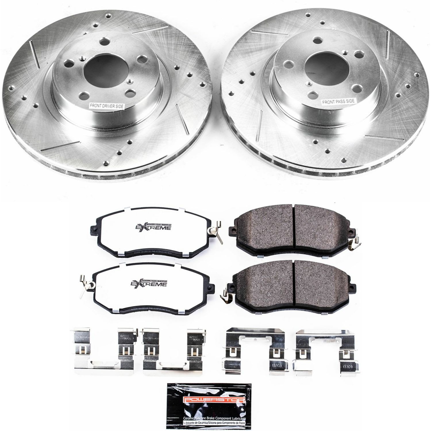 K6111-26 Front Brake Disc and Pad Kit, Silver zinc-plated, Cross-drilled and Slotted, 5 Lugs, 277 mm, Carbon Fiber Ceramic, Z26 Street Warrior Carbon-Fiber Ceramic Series