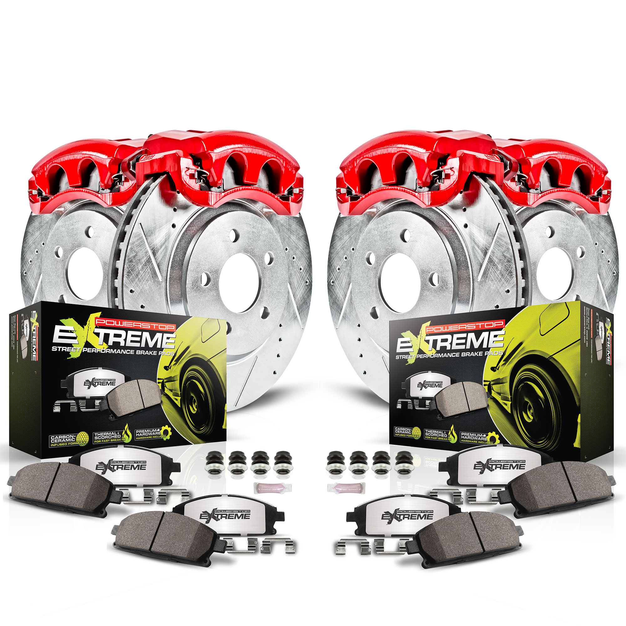 KC1127-26 2-Wheel Set Front and Rear Brake Kit With Calipers, Cross-drilled and Slotted 5 Lugs 266 mm Red Powdercoat Caliper, Carbon Fiber Ceramic, Includes (2) Disc and Pad Kit...