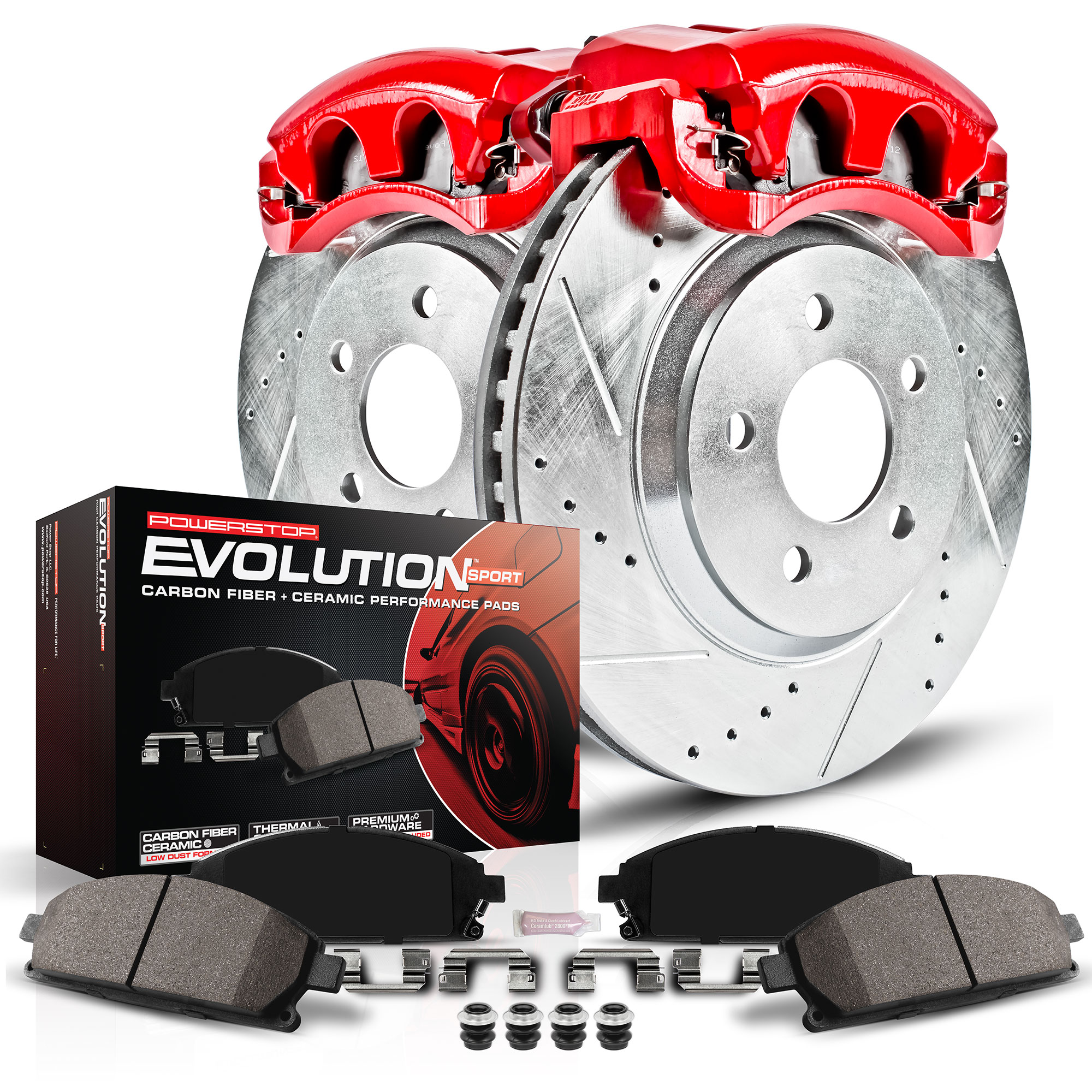 KC131 2-Wheel Set Front Brake Kit With Calipers, Cross-drilled and Slotted 5 Lugs 326 mm Red Powdercoat Caliper, Carbon Fiber Ceramic, Includes (1) Disc and Pad Kit and (1) Caliper