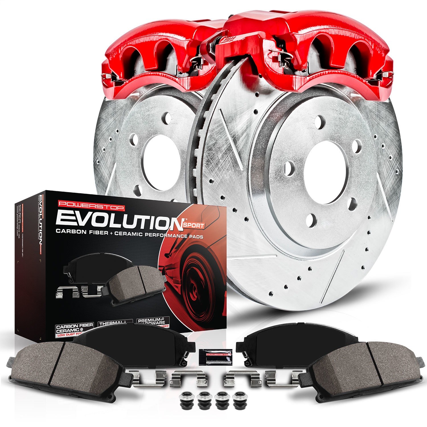 KC4631 2-Wheel Set Rear Brake Kit With Calipers, Cross-drilled and Slotted 5 Lugs 286 mm Red Powdercoat Caliper, Carbon Fiber Ceramic, Includes (1) Disc and Pad Kit and (1) Caliper