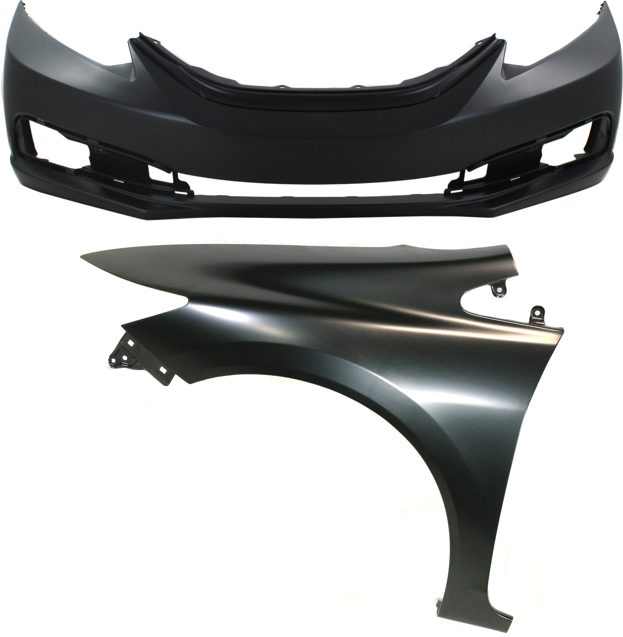 2-Piece Kit Front Primed Bumper Cover, 2012-2015 Sedan / 2012-2013 Coupe, Includes (1) Bumper Cover and (1) Fender